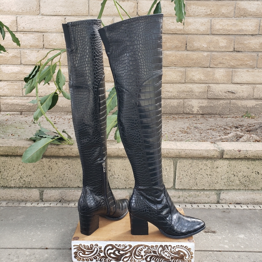 HTF Sassy Fierce Sexy Marc Fisher OTK Black Croc Embossed Boots - Picture 7 of 16